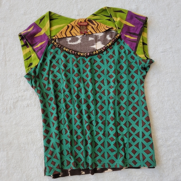Julie G Top Beaded Neck Tee Green Brown Mixed Media Patchwork Cap Sleeve Tee M - Picture 1 of 8